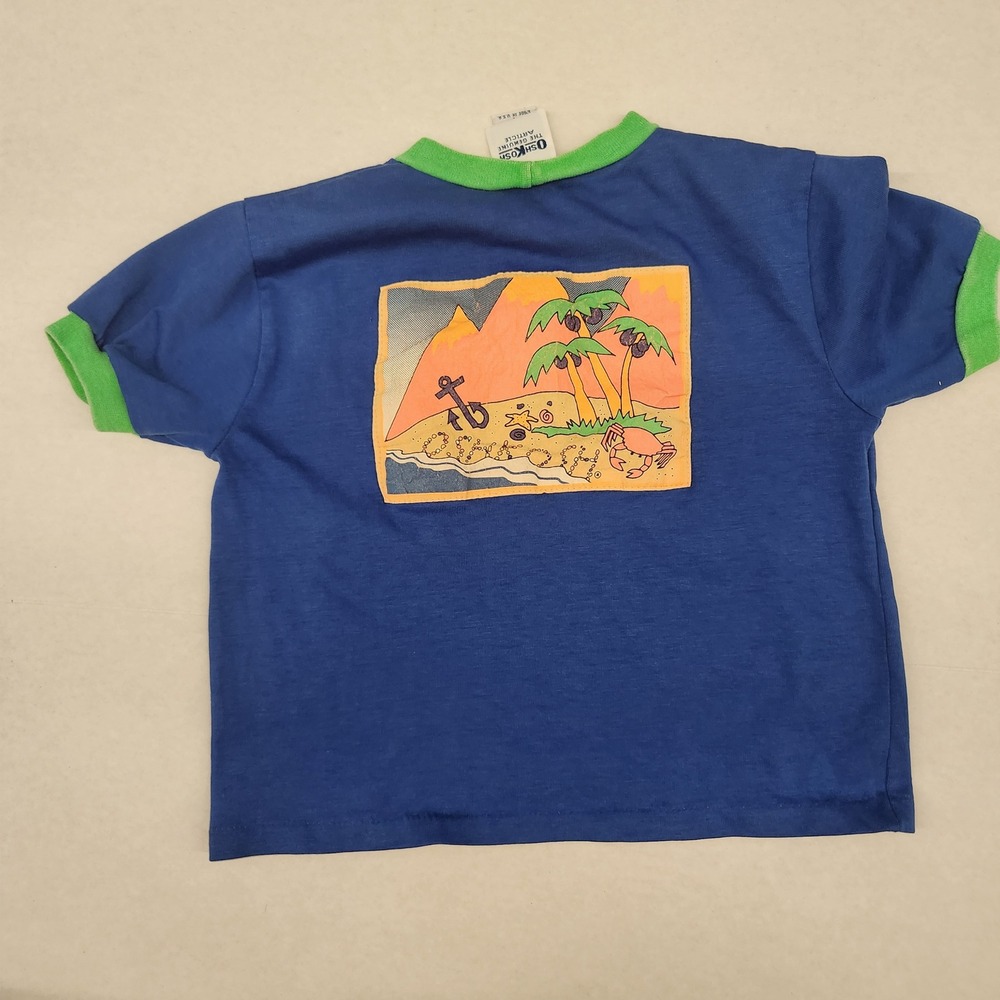 OshKosh 90s B'gosh Kids Blue Green Pocket Beach Palm‎ Tree T-Shirt Size 4 crab